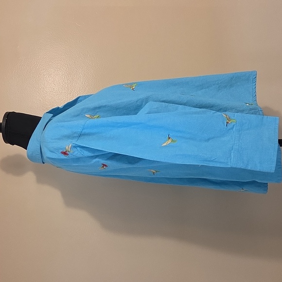 Vintage Blue Hummingbird Button-Up Long Sleeve Embroidered Cotton Shirt Cottage - Picture 5 of 8